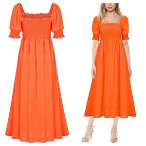 [UIMLK] Orange Square Neck Smocked Puff Sleeve Boho Peasant Maxi Dress Sz Medium